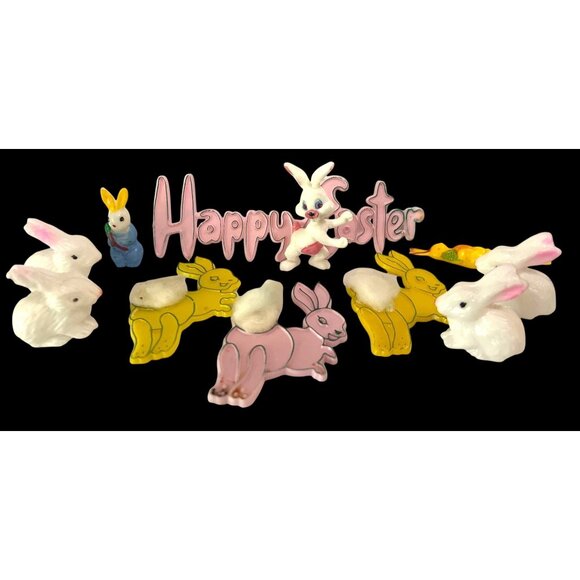 Vintage Easter Bunny Cake Toppers 11 Pieces Plastic & Flocked Decorations - Picture 1 of 4